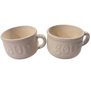 Vintage Ceramic Soup Mugs Crackle Glaze Wide Base Handled Pair